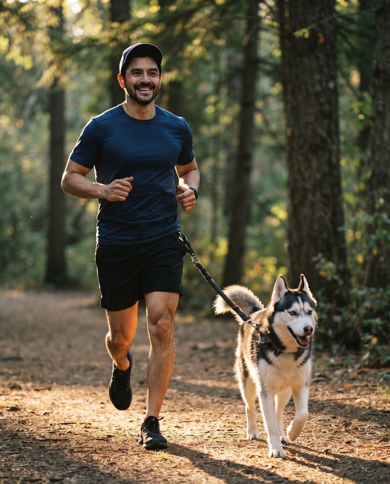 Jordan running a trail with his dog Rocket