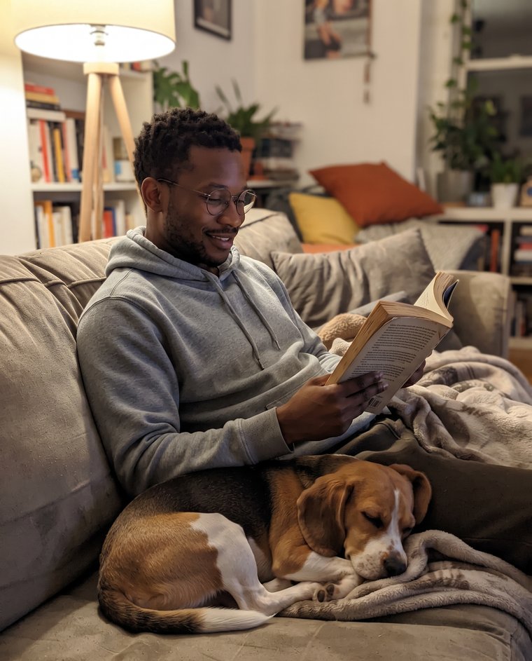 Sam reading on the couch with his dog Waffles asleep beside him